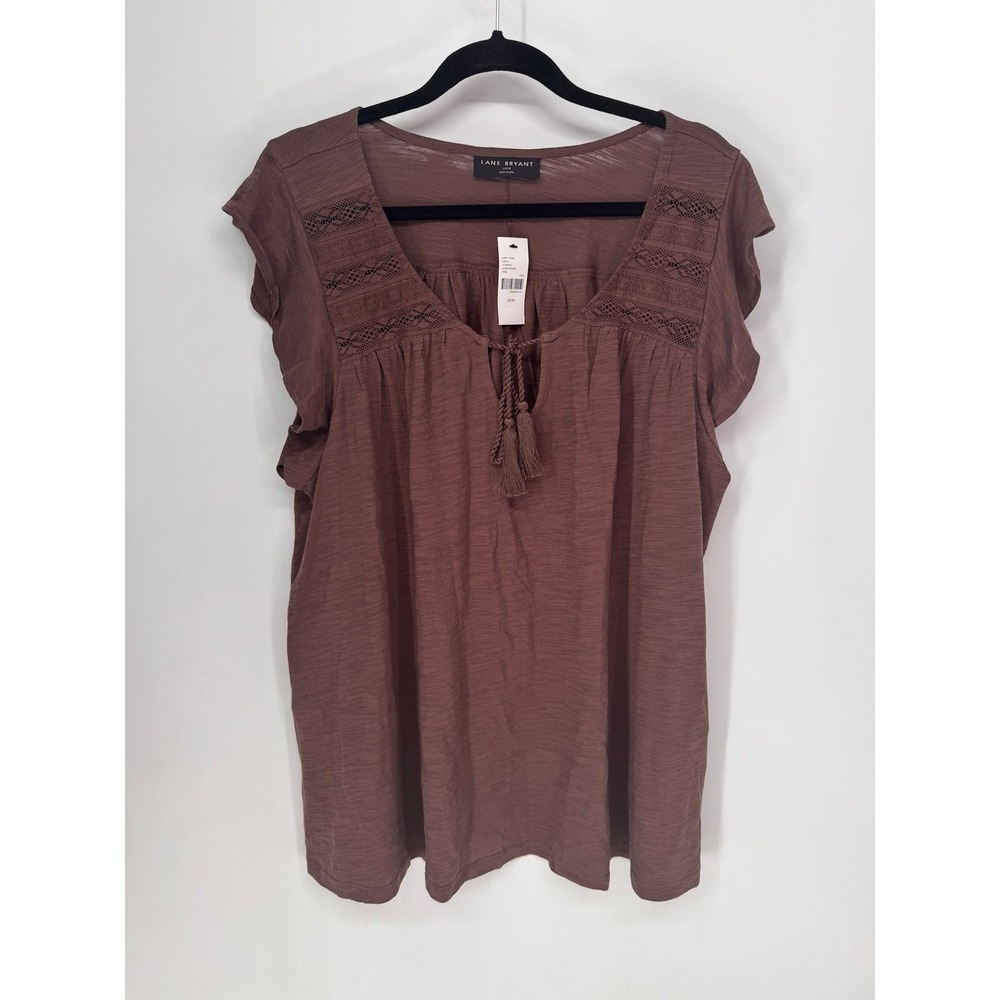 Lane Bryant Blouse Womens 22/24 Brown NWT Crochet Lace Tassel Slub Peasant Top